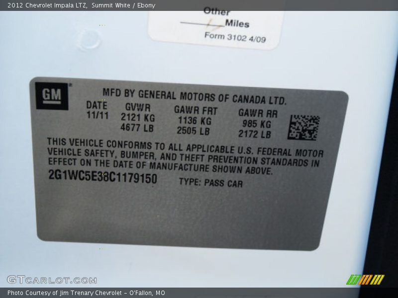 Summit White / Ebony 2012 Chevrolet Impala LTZ