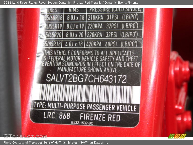 2012 Range Rover Evoque Dynamic Firenze Red Metallic Color Code 868