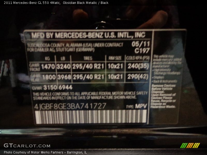 2011 GL 550 4Matic Obsidian Black Metallic Color Code 197