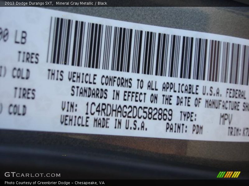 Mineral Gray Metallic / Black 2013 Dodge Durango SXT