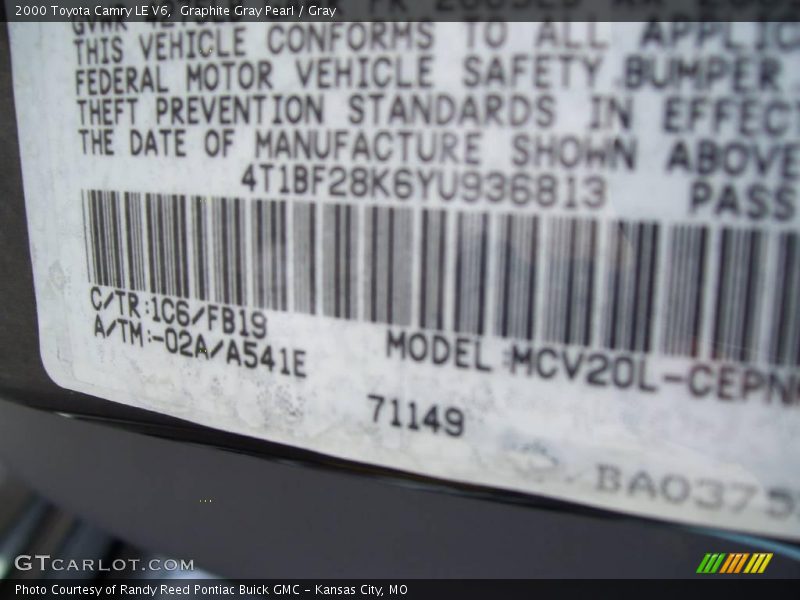 Graphite Gray Pearl / Gray 2000 Toyota Camry LE V6