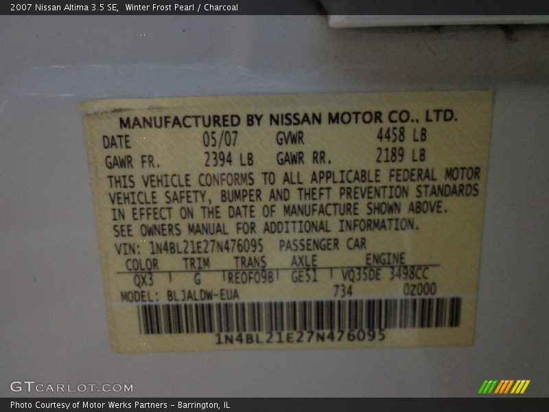 Winter Frost Pearl / Charcoal 2007 Nissan Altima 3.5 SE
