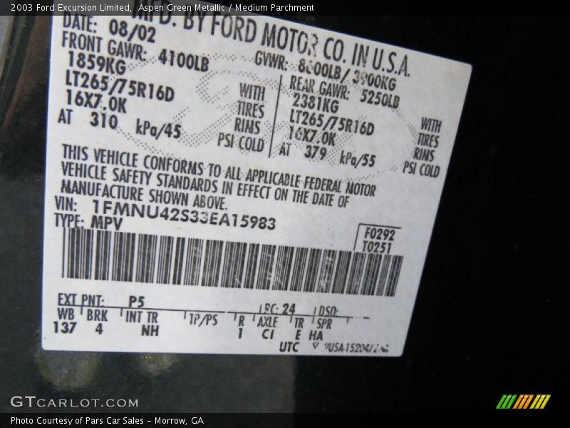2003 Excursion Limited Aspen Green Metallic Color Code P5