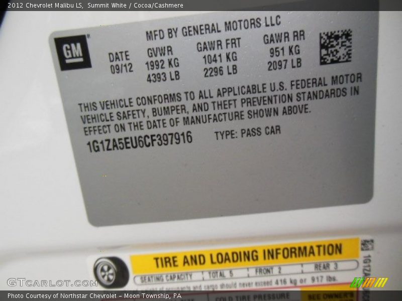 Summit White / Cocoa/Cashmere 2012 Chevrolet Malibu LS