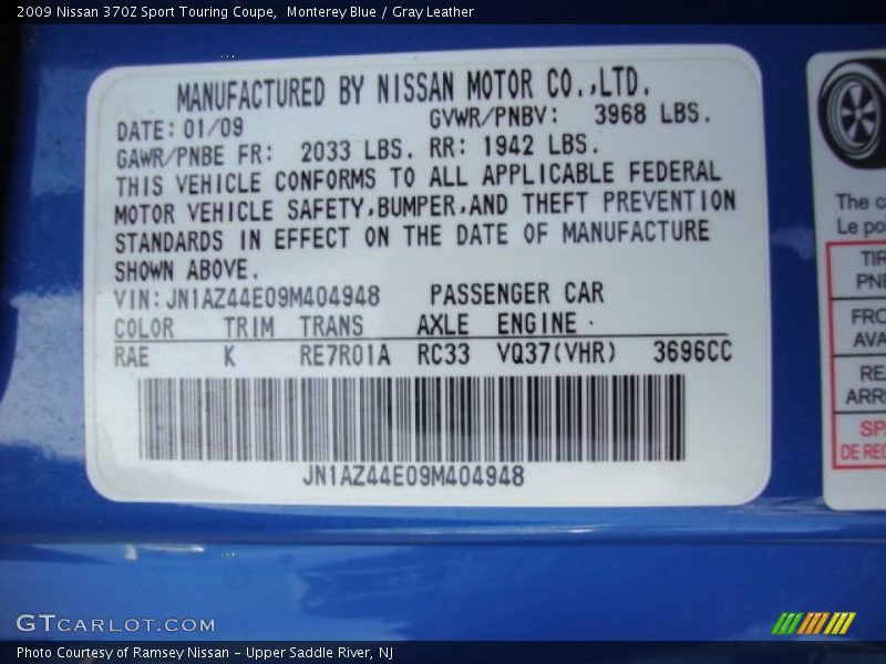 2009 370Z Sport Touring Coupe Monterey Blue Color Code RAE