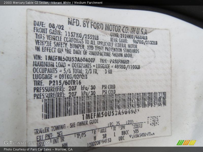 Vibrant White / Medium Parchment 2003 Mercury Sable GS Sedan