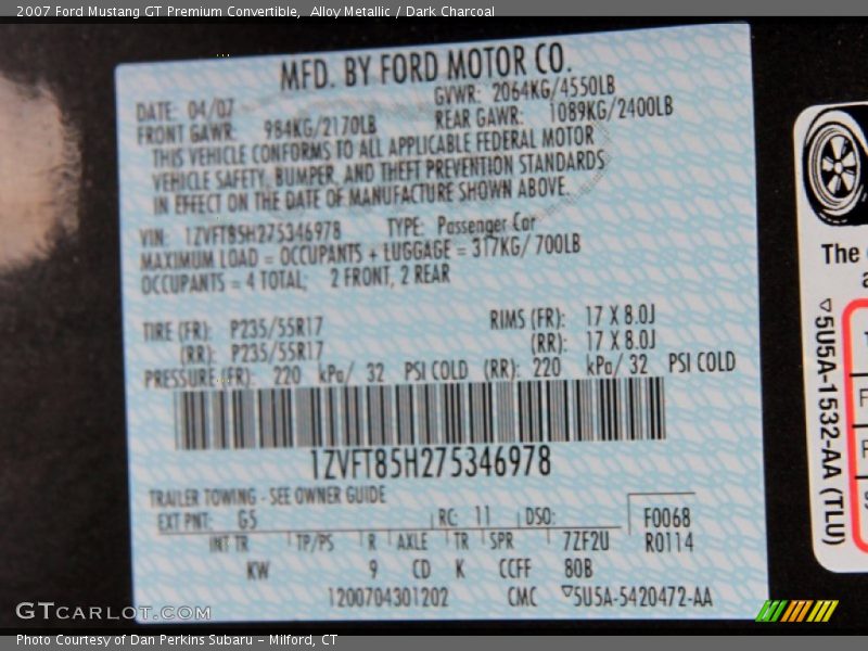 2007 Mustang GT Premium Convertible Alloy Metallic Color Code G5