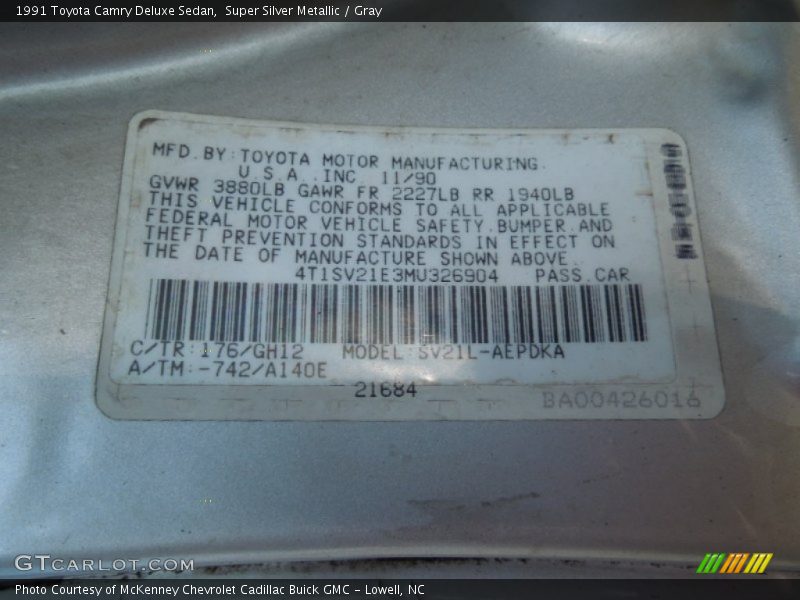 1991 Camry Deluxe Sedan Super Silver Metallic Color Code 176