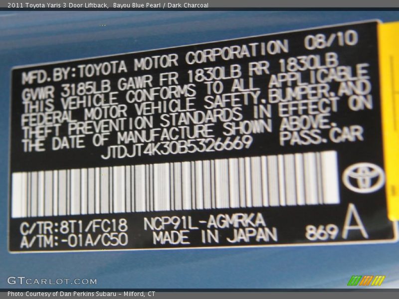 Bayou Blue Pearl / Dark Charcoal 2011 Toyota Yaris 3 Door Liftback