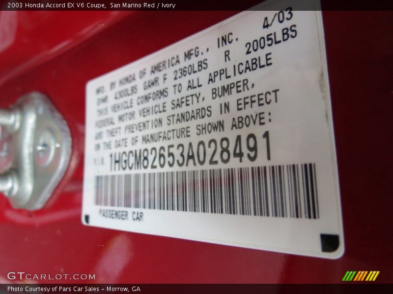 San Marino Red / Ivory 2003 Honda Accord EX V6 Coupe
