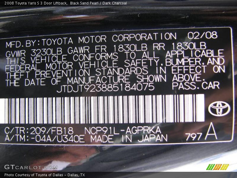 Black Sand Pearl / Dark Charcoal 2008 Toyota Yaris S 3 Door Liftback