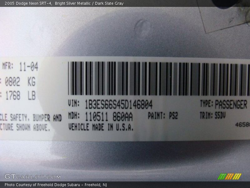 Bright Silver Metallic / Dark Slate Gray 2005 Dodge Neon SRT-4