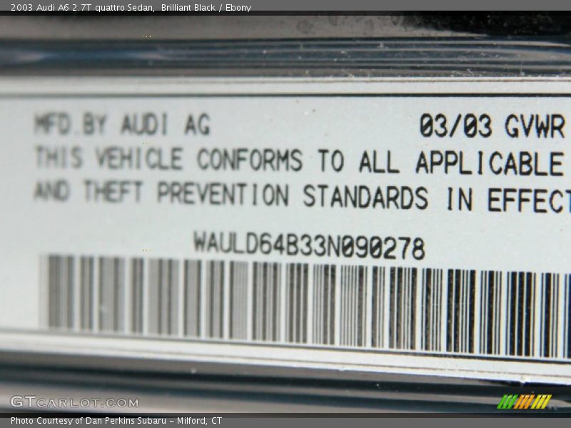 Brilliant Black / Ebony 2003 Audi A6 2.7T quattro Sedan