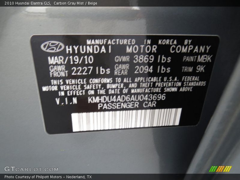 Carbon Gray Mist / Beige 2010 Hyundai Elantra GLS