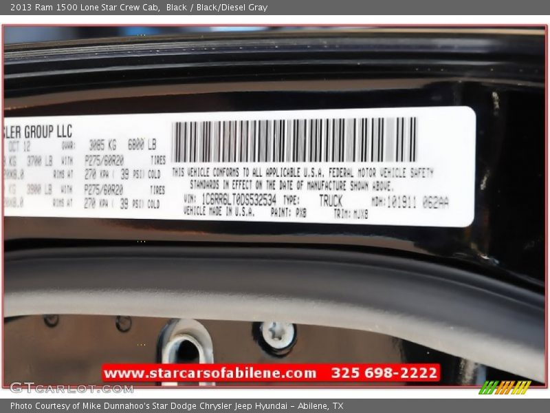 Black / Black/Diesel Gray 2013 Ram 1500 Lone Star Crew Cab