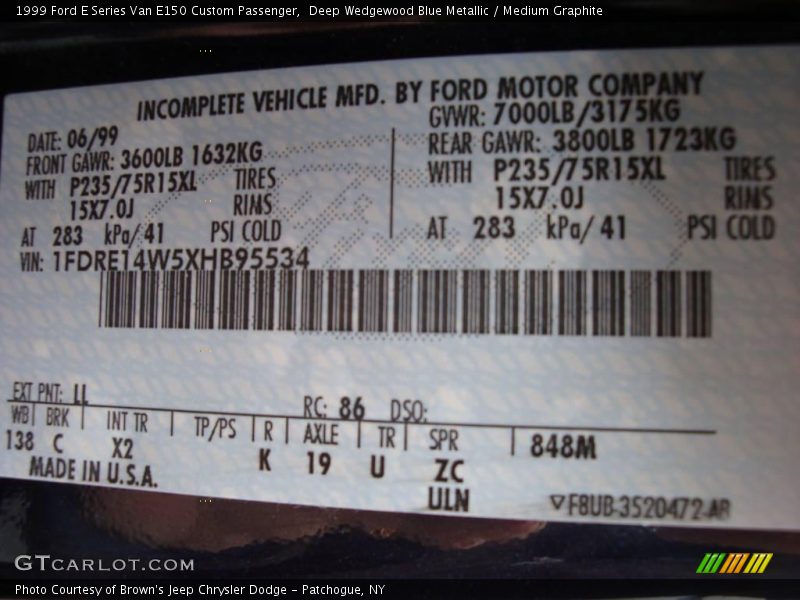Deep Wedgewood Blue Metallic / Medium Graphite 1999 Ford E Series Van E150 Custom Passenger