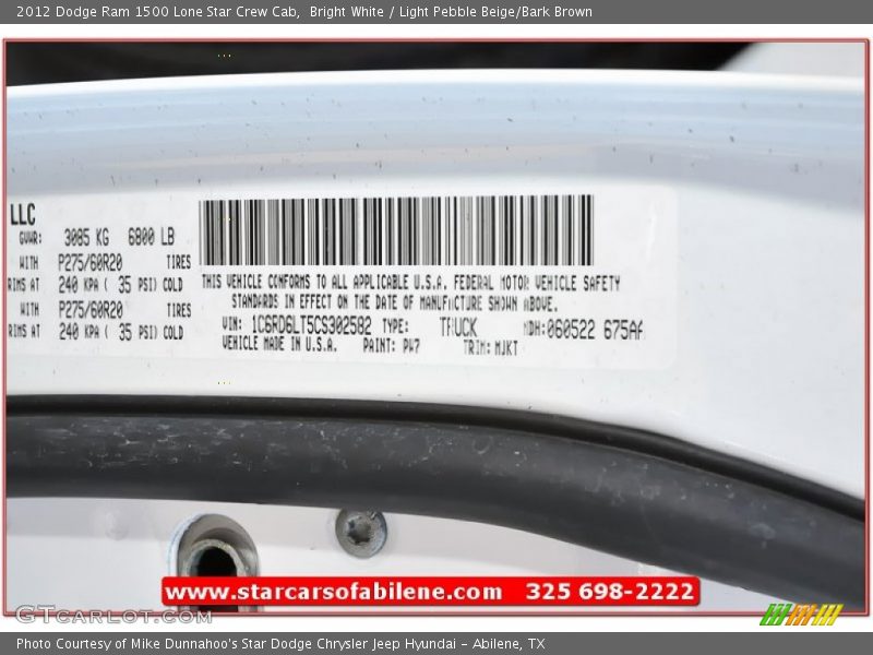 Bright White / Light Pebble Beige/Bark Brown 2012 Dodge Ram 1500 Lone Star Crew Cab