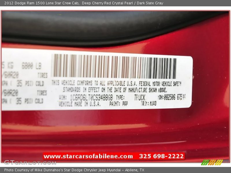 Deep Cherry Red Crystal Pearl / Dark Slate Gray 2012 Dodge Ram 1500 Lone Star Crew Cab