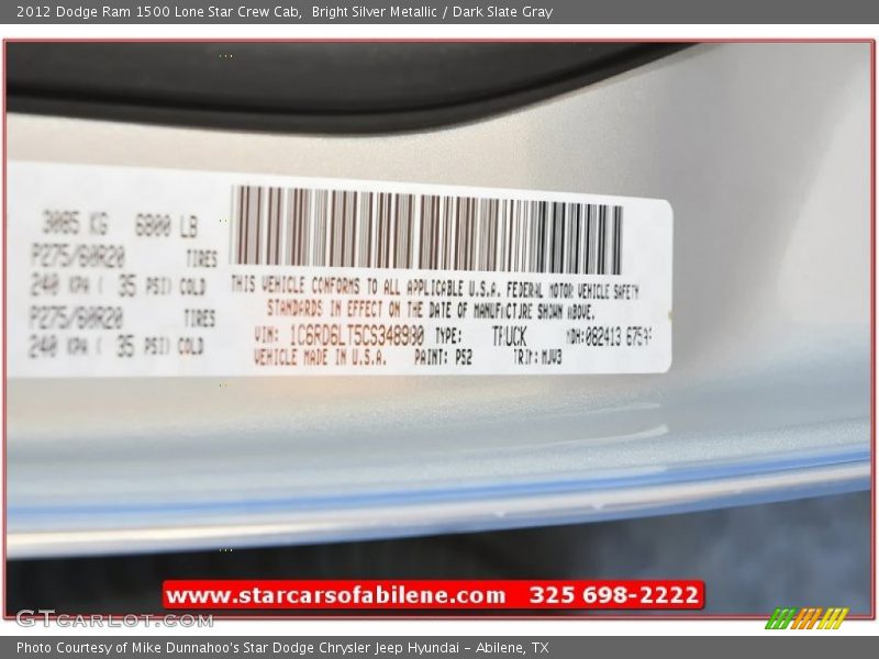 Bright Silver Metallic / Dark Slate Gray 2012 Dodge Ram 1500 Lone Star Crew Cab
