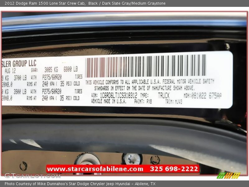 Black / Dark Slate Gray/Medium Graystone 2012 Dodge Ram 1500 Lone Star Crew Cab