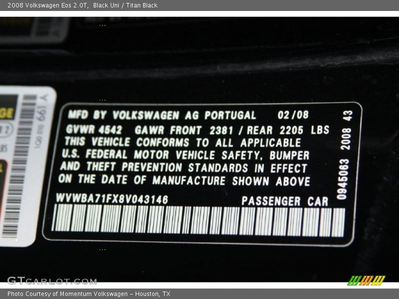 Black Uni / Titan Black 2008 Volkswagen Eos 2.0T