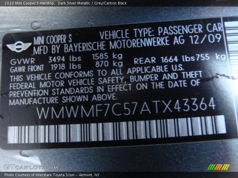 Dark Silver Metallic / Grey/Carbon Black 2010 Mini Cooper S Hardtop