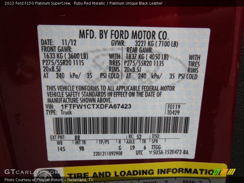 2013 F150 Platinum SuperCrew Ruby Red Metallic Color Code RR