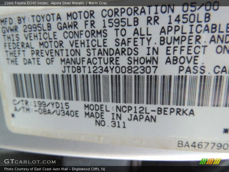 Alpine Silver Metallic / Warm Gray 2000 Toyota ECHO Sedan