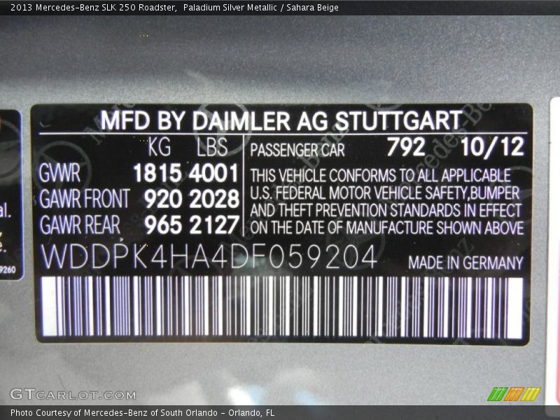 2013 SLK 250 Roadster Paladium Silver Metallic Color Code 792