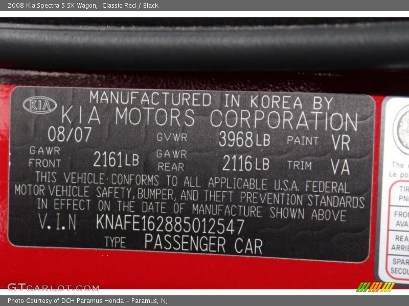 2008 Spectra 5 SX Wagon Classic Red Color Code VR