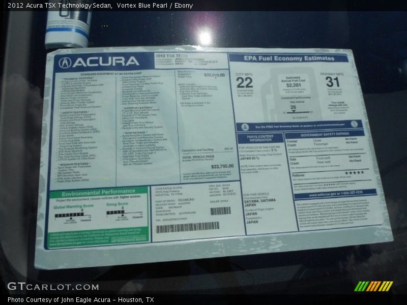 Vortex Blue Pearl / Ebony 2012 Acura TSX Technology Sedan