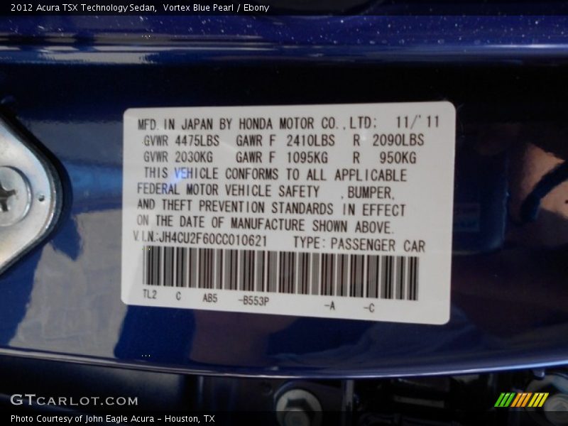 Vortex Blue Pearl / Ebony 2012 Acura TSX Technology Sedan