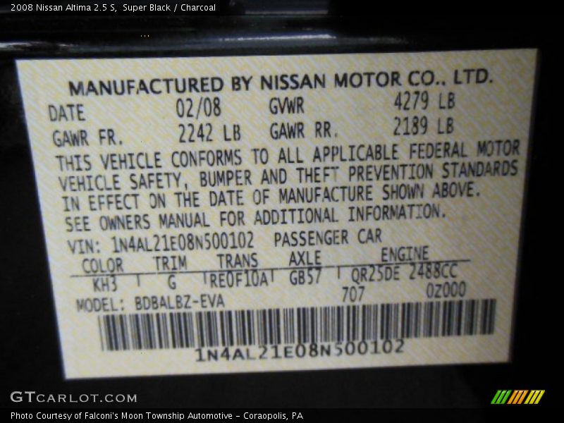 Super Black / Charcoal 2008 Nissan Altima 2.5 S