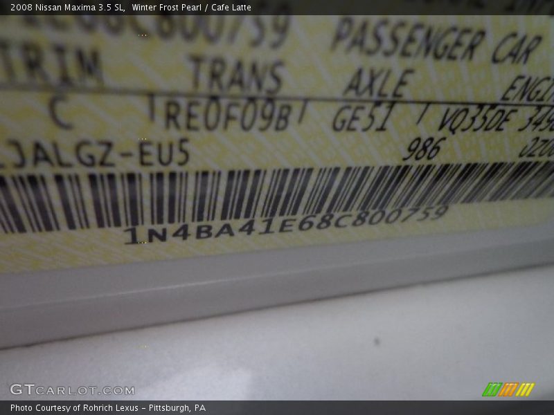 Winter Frost Pearl / Cafe Latte 2008 Nissan Maxima 3.5 SL
