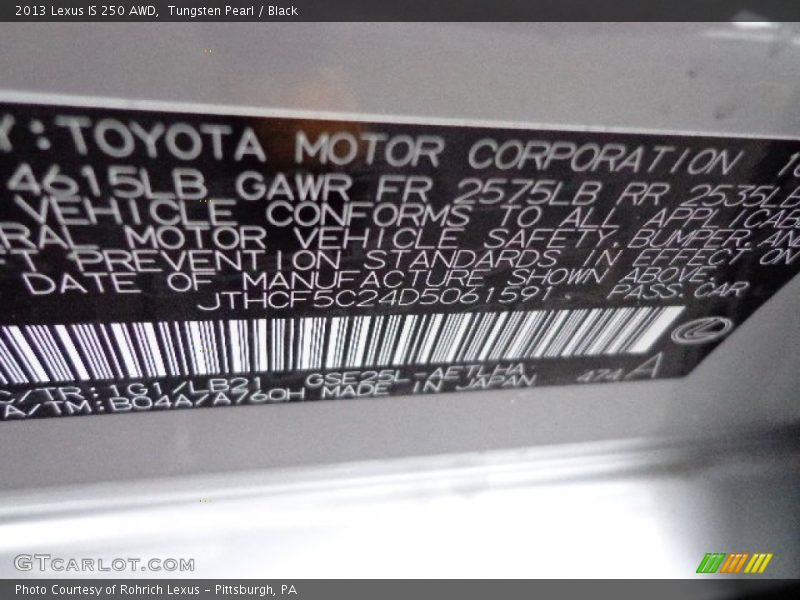 Tungsten Pearl / Black 2013 Lexus IS 250 AWD