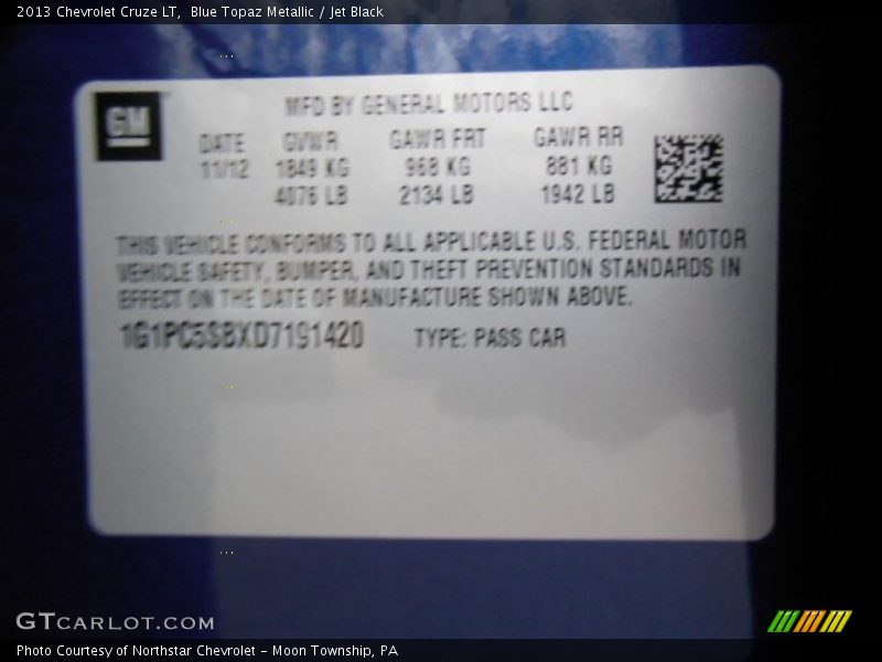 Blue Topaz Metallic / Jet Black 2013 Chevrolet Cruze LT