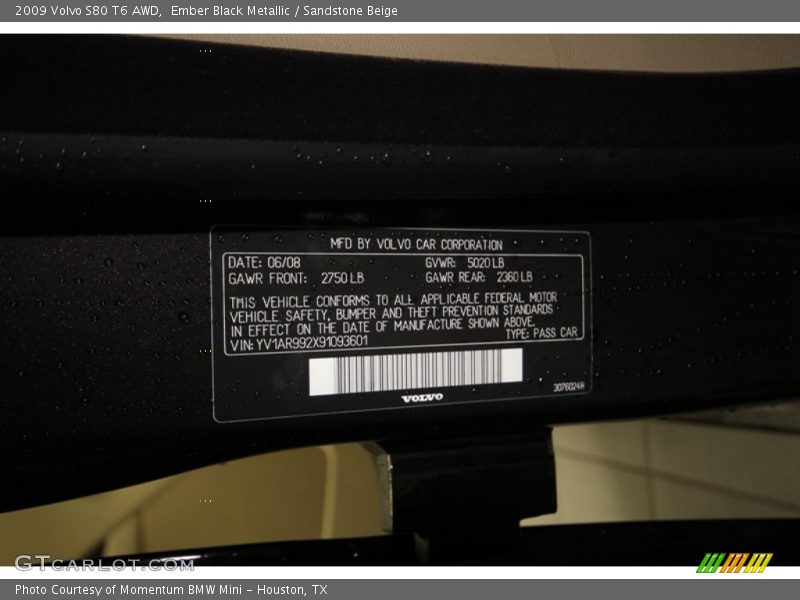Ember Black Metallic / Sandstone Beige 2009 Volvo S80 T6 AWD