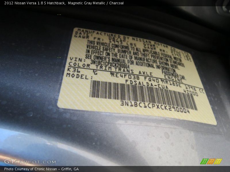 2012 Versa 1.8 S Hatchback Magnetic Gray Metallic Color Code K36