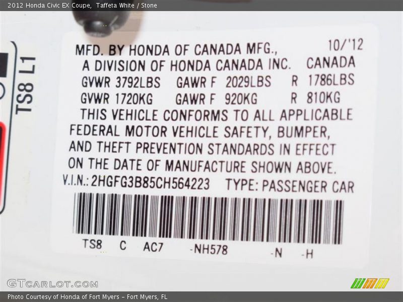 Taffeta White / Stone 2012 Honda Civic EX Coupe