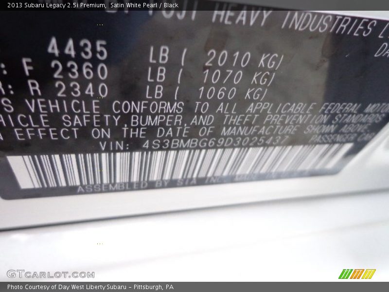 Satin White Pearl / Black 2013 Subaru Legacy 2.5i Premium
