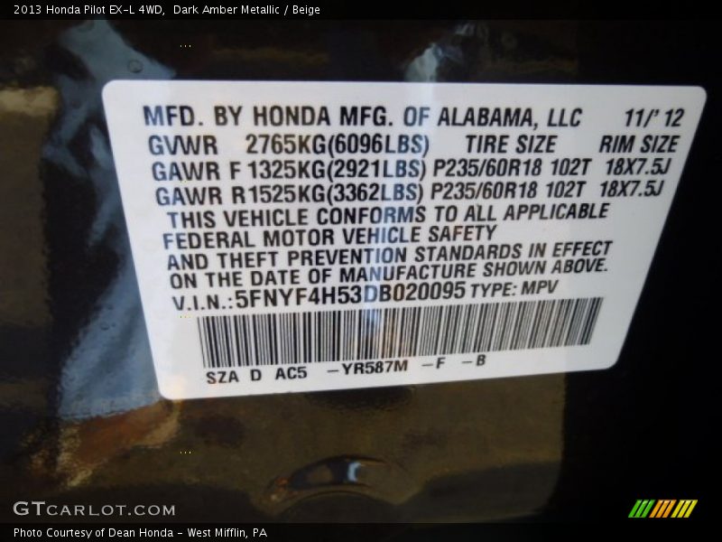 2013 Pilot EX-L 4WD Dark Amber Metallic Color Code YR587M