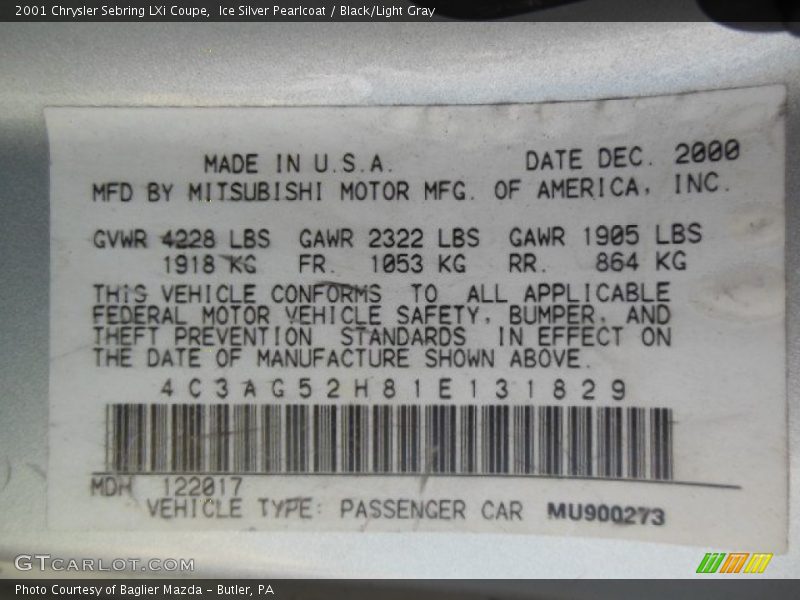 Ice Silver Pearlcoat / Black/Light Gray 2001 Chrysler Sebring LXi Coupe