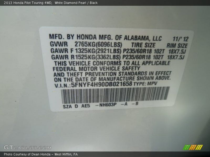 2013 Pilot Touring 4WD White Diamond Pearl Color Code NH603P