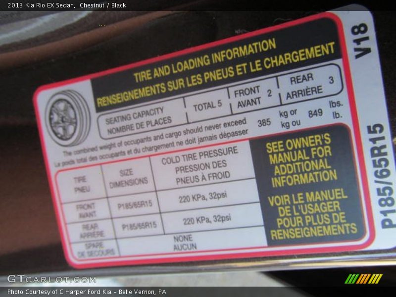 Info Tag of 2013 Rio EX Sedan