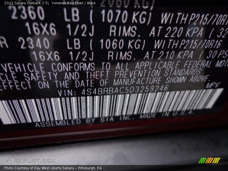 Venetian Red Pearl / Black 2013 Subaru Outback 2.5i