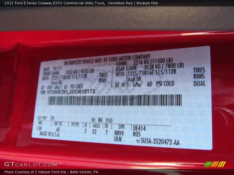 2013 E Series Cutaway E350 Commercial Utility Truck Vermillion Red Color Code E4