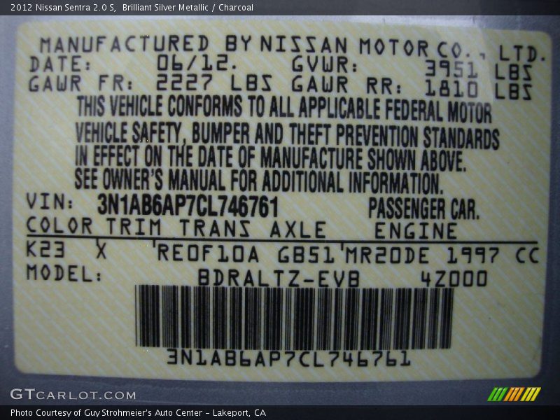 Brilliant Silver Metallic / Charcoal 2012 Nissan Sentra 2.0 S