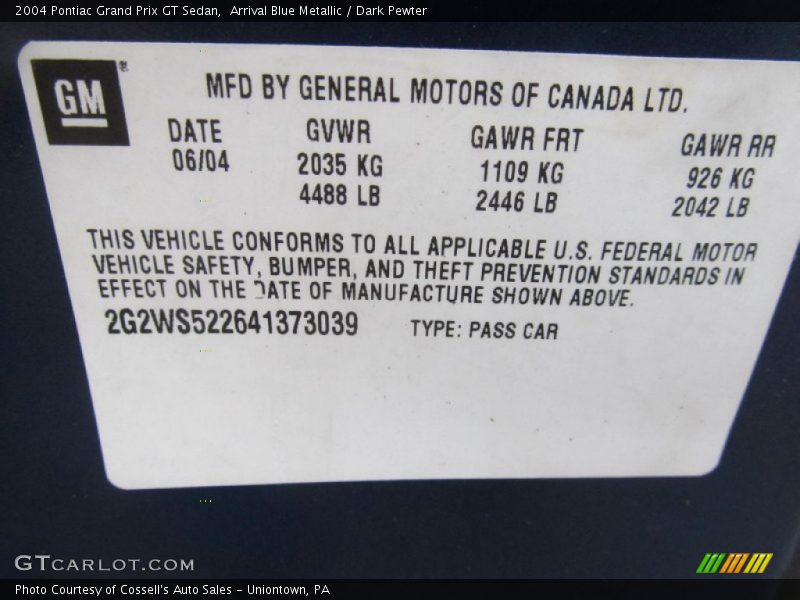 Arrival Blue Metallic / Dark Pewter 2004 Pontiac Grand Prix GT Sedan