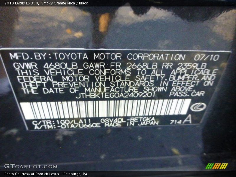 Smoky Granite Mica / Black 2010 Lexus ES 350
