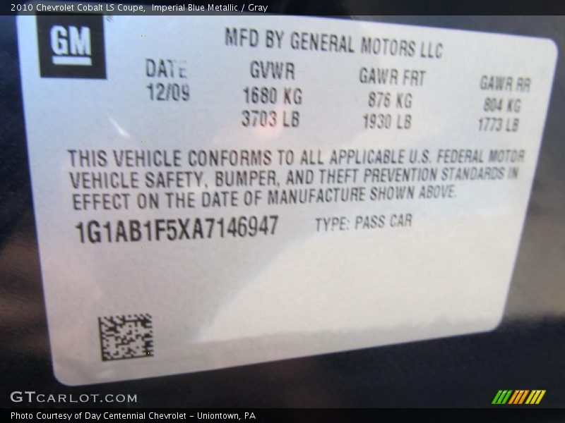 Imperial Blue Metallic / Gray 2010 Chevrolet Cobalt LS Coupe